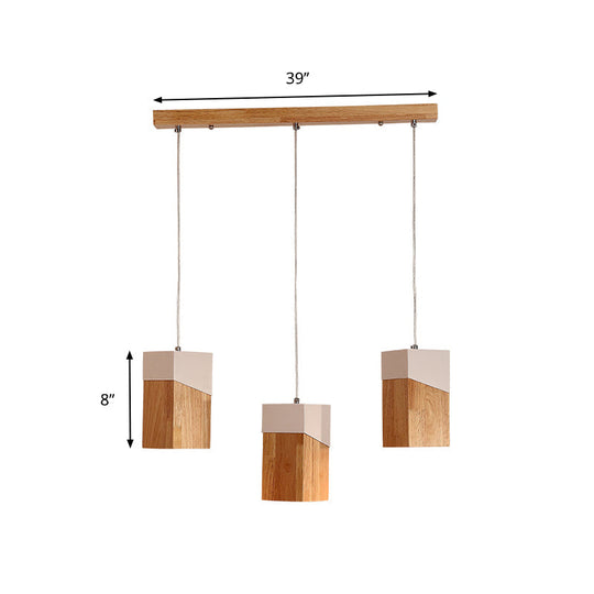 Modern 3-Head Pendant Light With Cuboid Wood Shade For Study Room - Beige & White