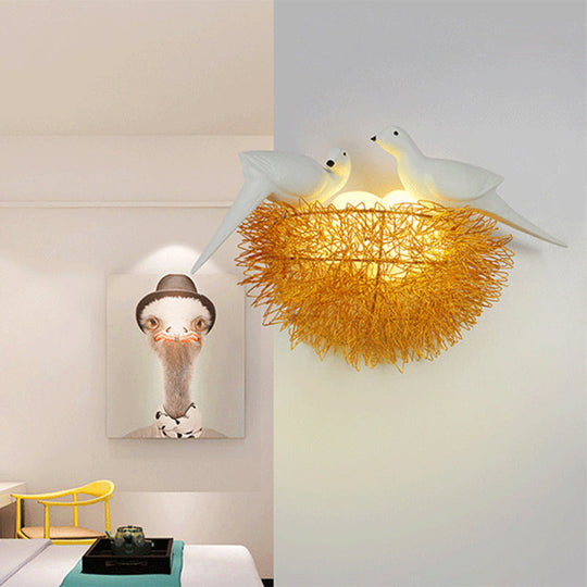 Art Deco Gold Finish Flush Wall Sconce: Bird Nest 3-Light Metal Led Fixture With White Decor