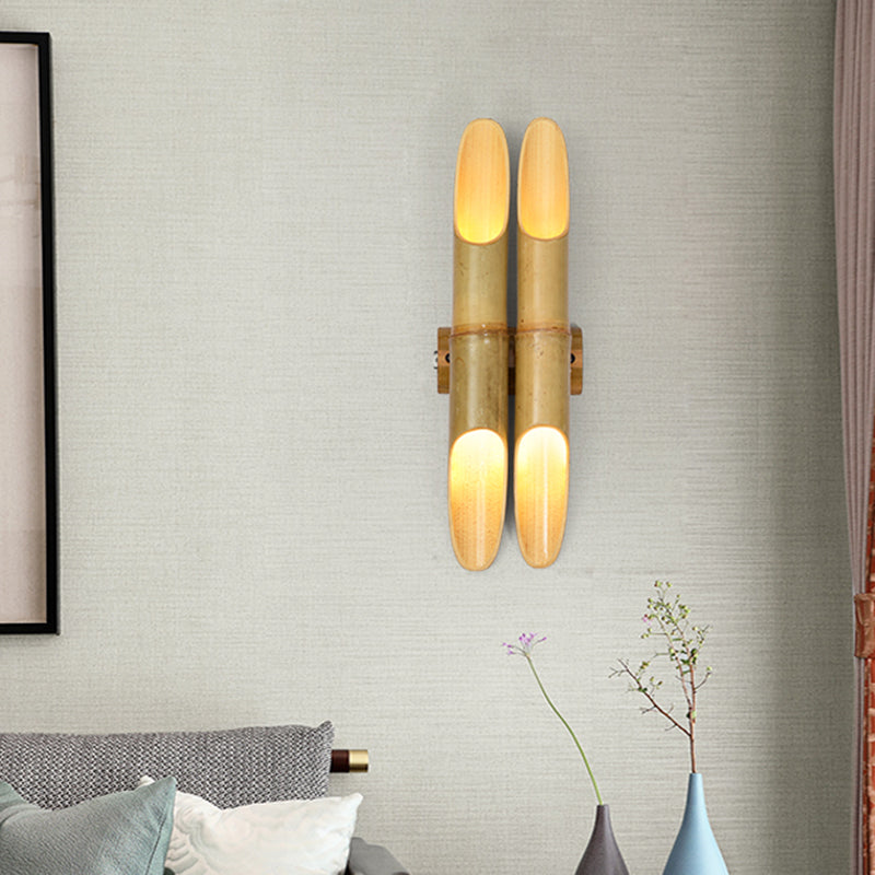 Asian Inspired Tea Room Wall Sconce With Dual Bar Bamboo Shade Beige Up-Down Lamp - Set Of 4 Lights