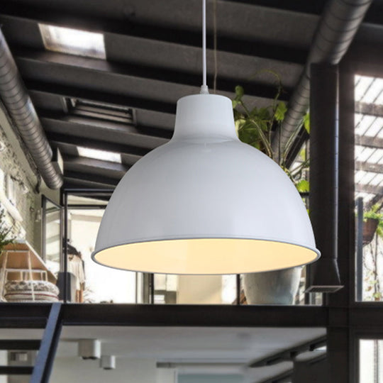 Loft Style Dome Ceiling Light - 12/14 Dia Metal Hanging Lamp Adjustable Cord Black/White White / 12