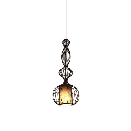 Vintage Black Cage Pendant Lamp With Fabric Shade - Industrial Design For Dining Room Lighting / A