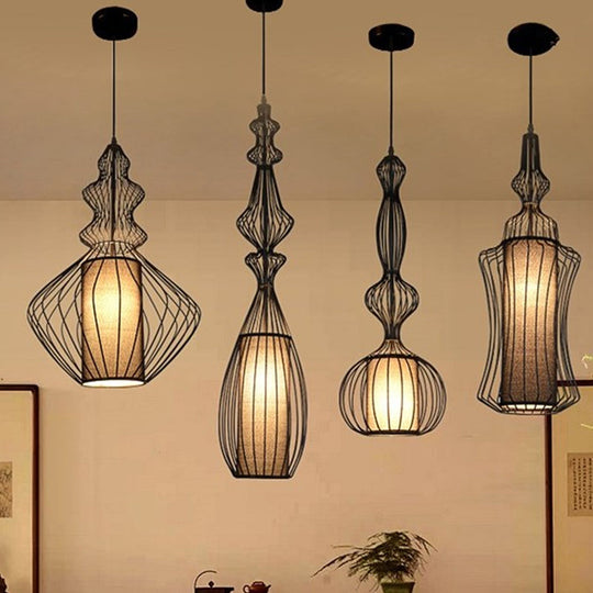 Industrial Black Wire Pendant Light with Fabric Shade - 1 Light Dining Room Fixture