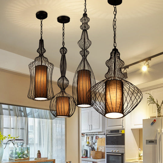 Industrial Black Wire Pendant Light with Fabric Shade - 1 Light Dining Room Fixture