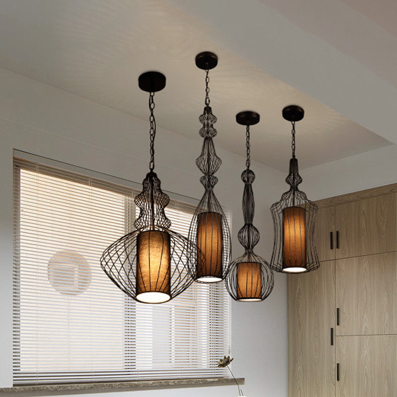 Industrial Black Wire Pendant Light with Fabric Shade - 1 Light Dining Room Fixture