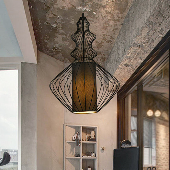 Vintage Black Cage Pendant Lamp With Fabric Shade - Industrial Design For Dining Room Lighting / C