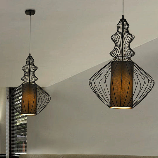 Industrial Black Wire Pendant Light with Fabric Shade - 1 Light Dining Room Fixture