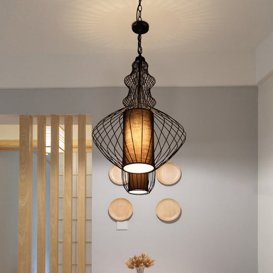 Industrial Black Wire Pendant Light with Fabric Shade - 1 Light Dining Room Fixture