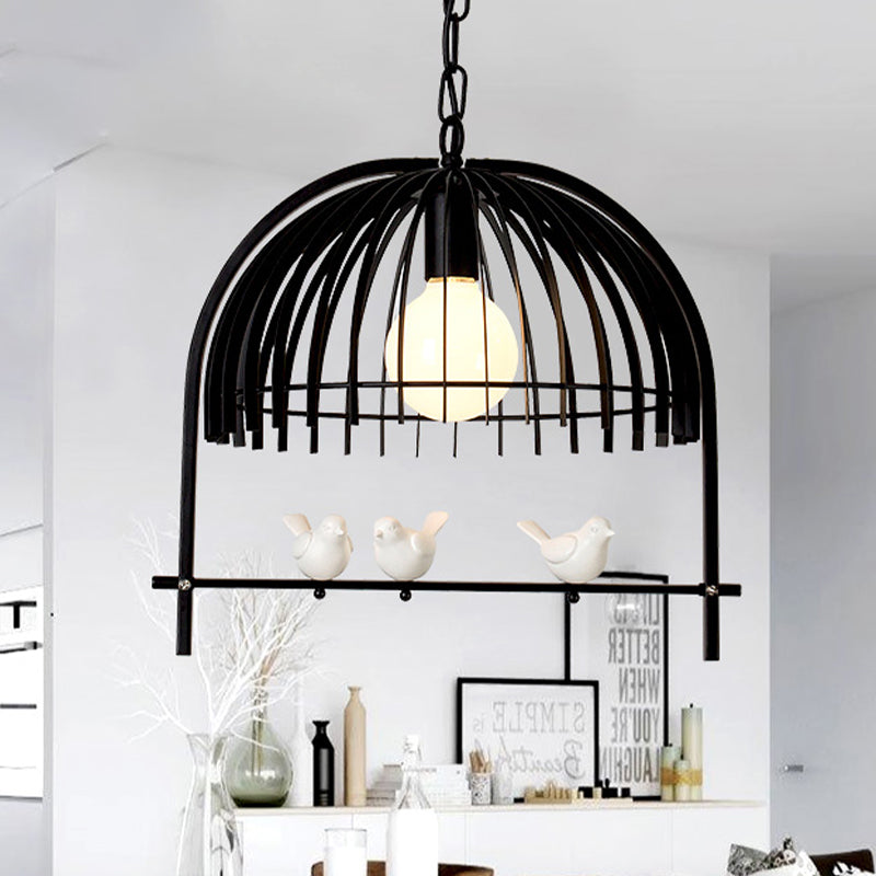 Lodge Style Metal Dome Pendant Light W/ Bird Cage Design - 1 Bulb Hanging Lamp Black/White Black