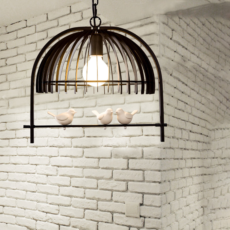 Lodge Style Metal Dome Pendant Light W/ Bird Cage Design - 1 Bulb Hanging Lamp Black/White