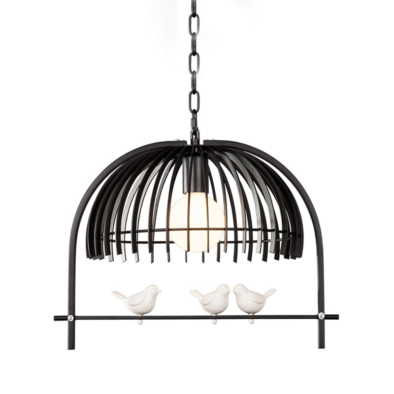 Metal Dome Shade Ceiling Pendant Light with Bird Cage Design - Lodge Style - 1-Bulb Indoor Hanging Lamp in Black/White