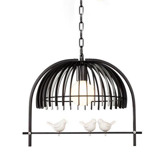 Lodge Style Metal Dome Pendant Light W/ Bird Cage Design - 1 Bulb Hanging Lamp Black/White