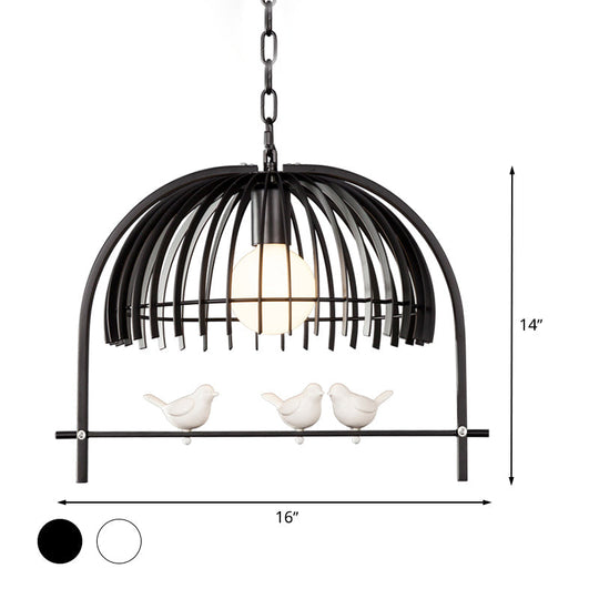 Metal Dome Shade Ceiling Pendant Light with Bird Cage Design - Lodge Style - 1-Bulb Indoor Hanging Lamp in Black/White