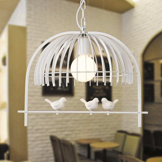 Metal Dome Shade Ceiling Pendant Light with Bird Cage Design - Lodge Style - 1-Bulb Indoor Hanging Lamp in Black/White