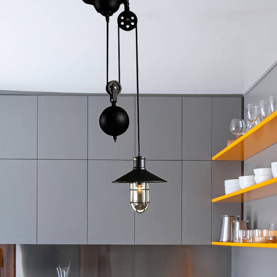 Black Metal Nautical Pulley Pendant Light with Cage Shade - 1-Light Kitchen Hanging Lamp