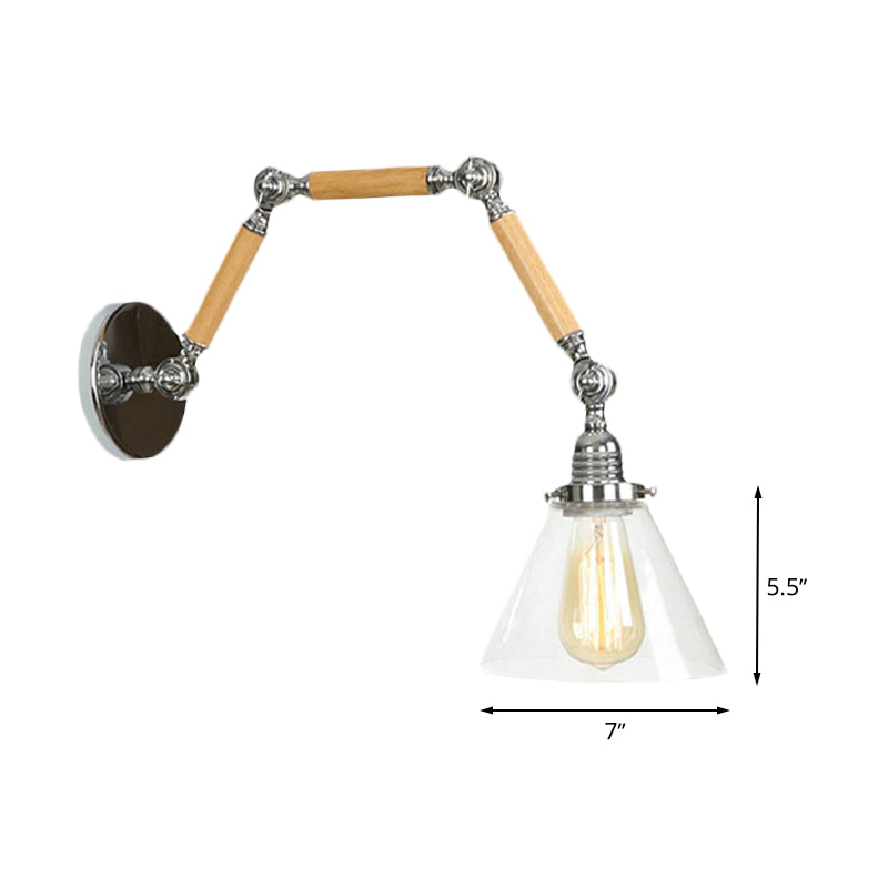 1 Bulb Industrial Cone Wall Light Fixture With Clear Glass And Chrome Finish - Ideal For Living Room