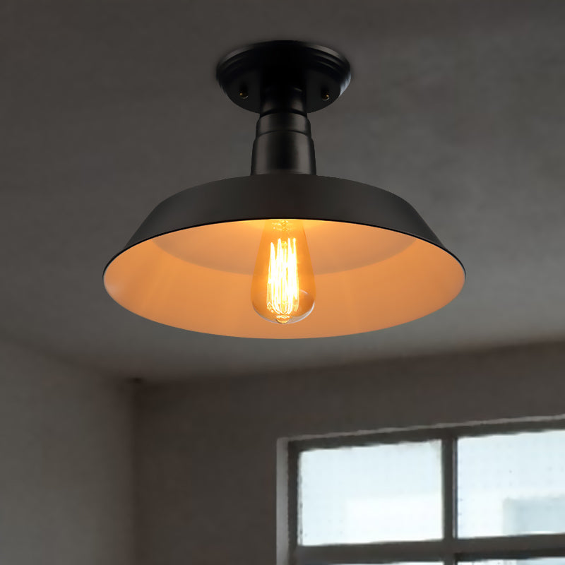 Black/Red Industrial Style Semi Flush Ceiling Light Fixture For Corridor - Metallic Barn Shade 10/14