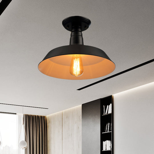 Black/Red Industrial Style Semi Flush Ceiling Light Fixture For Corridor - Metallic Barn Shade 10/14