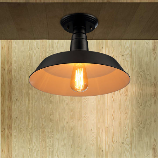 Black/Red Industrial Style Semi Flush Ceiling Light Fixture for Corridor - Metallic Barn Shade, 10"/14" W