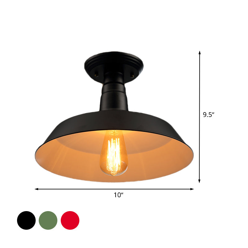 Black/Red Industrial Style Semi Flush Ceiling Light Fixture for Corridor - Metallic Barn Shade, 10"/14" W