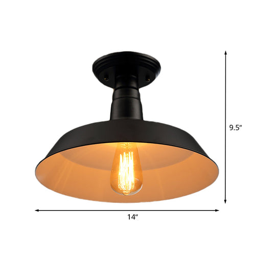 Black/Red Industrial Style Semi Flush Ceiling Light Fixture For Corridor - Metallic Barn Shade 10/14