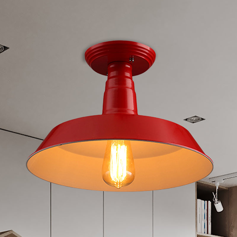 Black/Red Industrial Style Semi Flush Ceiling Light Fixture for Corridor - Metallic Barn Shade, 10"/14" W