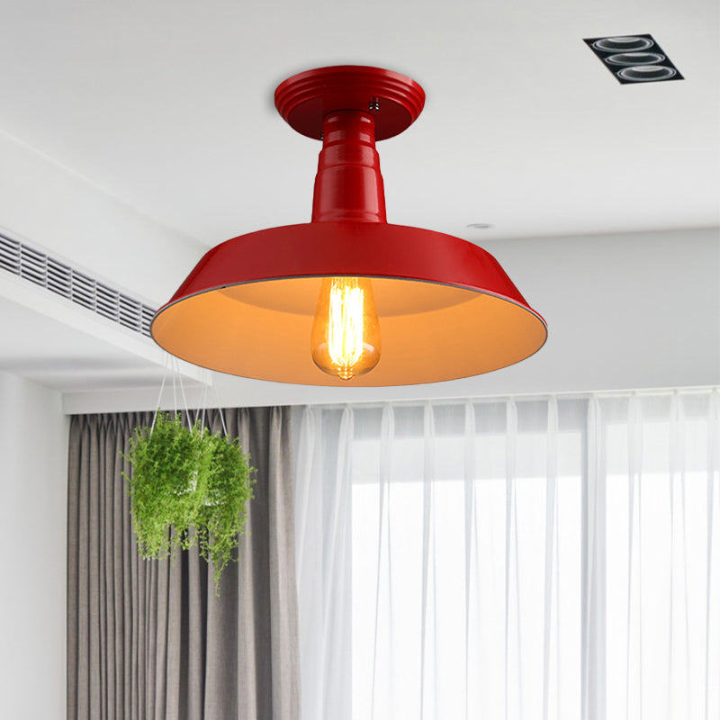 Black/Red Industrial Style Semi Flush Ceiling Light Fixture for Corridor - Metallic Barn Shade, 10"/14" W