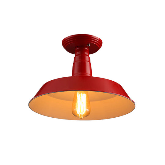 Black/Red Industrial Style Semi Flush Ceiling Light Fixture For Corridor - Metallic Barn Shade 10/14