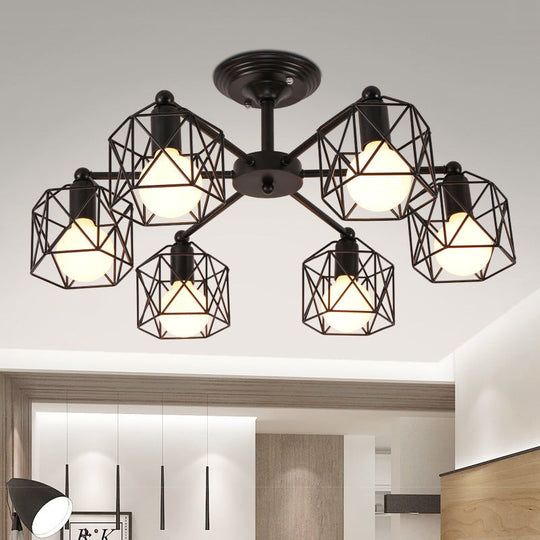 Hexagon Cage Metal Semi-Flush Mount Ceiling Light in Vintage Style - 6/8/10 Heads - Black