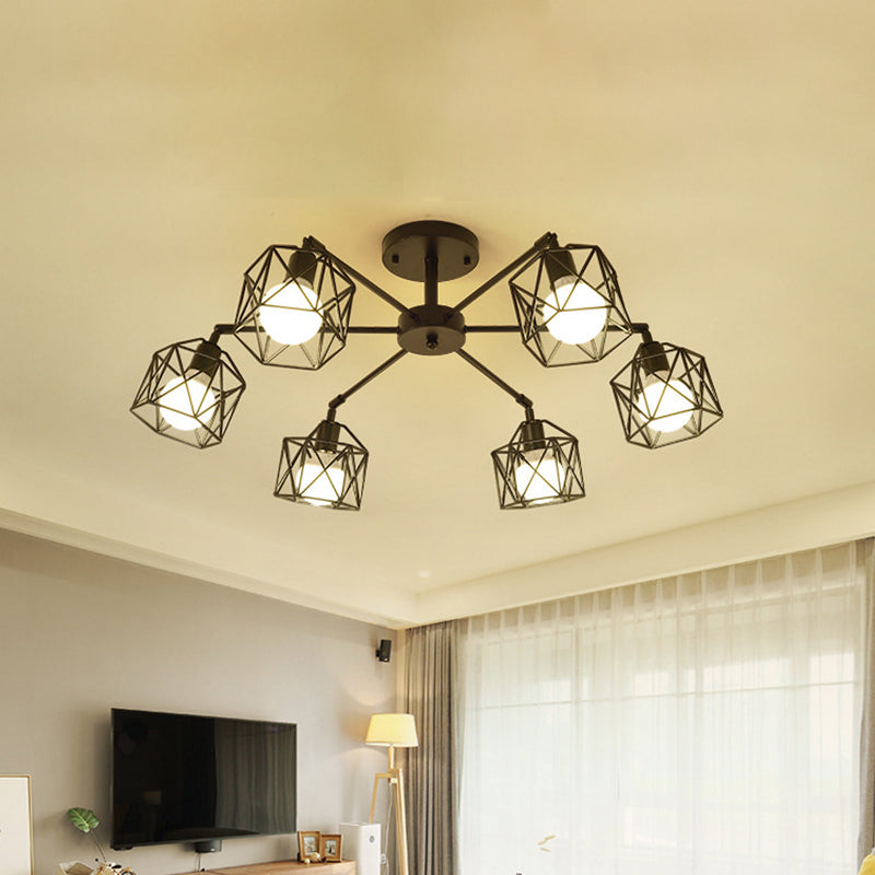 Hexagon Cage Metal Semi-Flush Mount Ceiling Light in Vintage Style - 6/8/10 Heads - Black