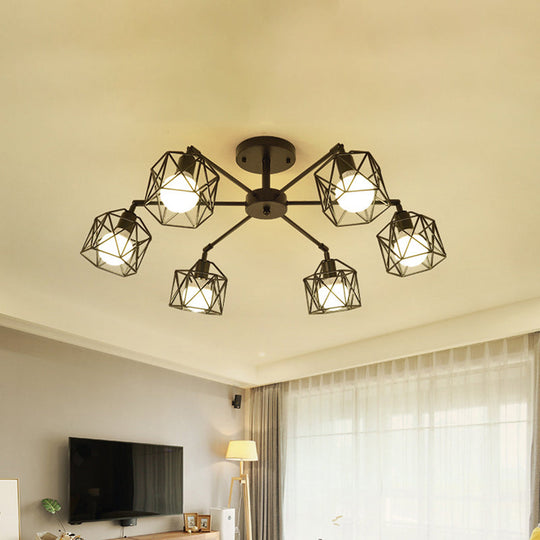 Hexagon Cage Metal Semi-Flush Mount Ceiling Light In Vintage Style - 6/8/10 Heads Black