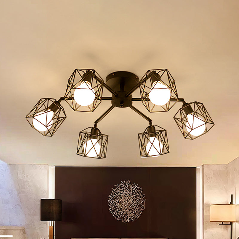 Hexagon Cage Metal Semi-Flush Mount Ceiling Light in Vintage Style - 6/8/10 Heads - Black