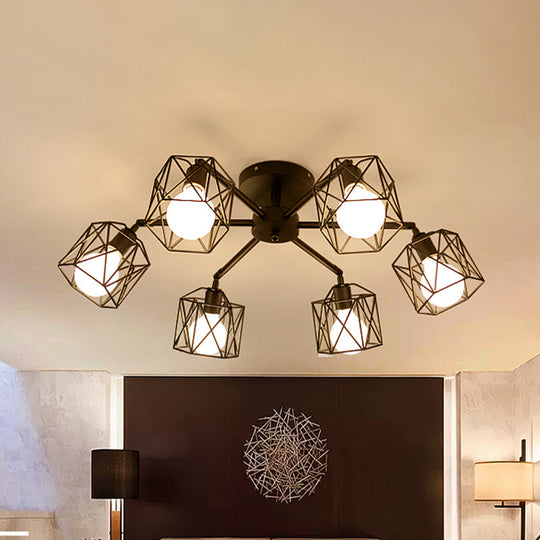 Hexagon Cage Metal Semi-Flush Mount Ceiling Light in Vintage Style - 6/8/10 Heads - Black