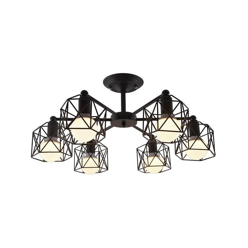 Hexagon Cage Metal Semi-Flush Mount Ceiling Light in Vintage Style - 6/8/10 Heads - Black