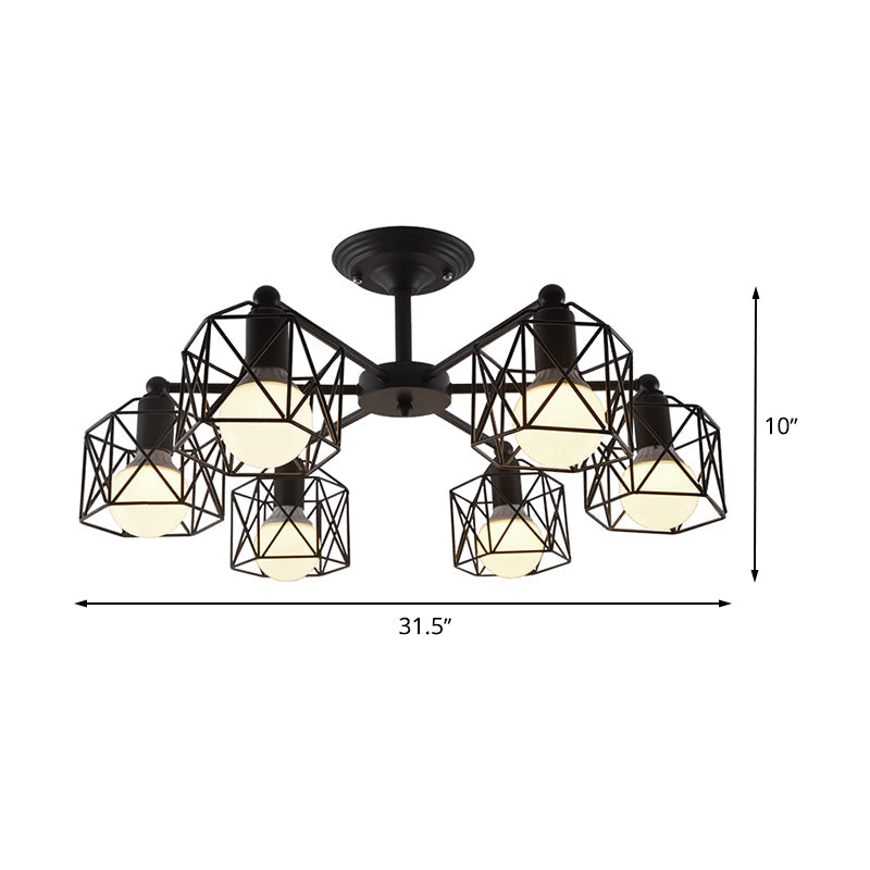 Hexagon Cage Metal Semi-Flush Mount Ceiling Light in Vintage Style - 6/8/10 Heads - Black