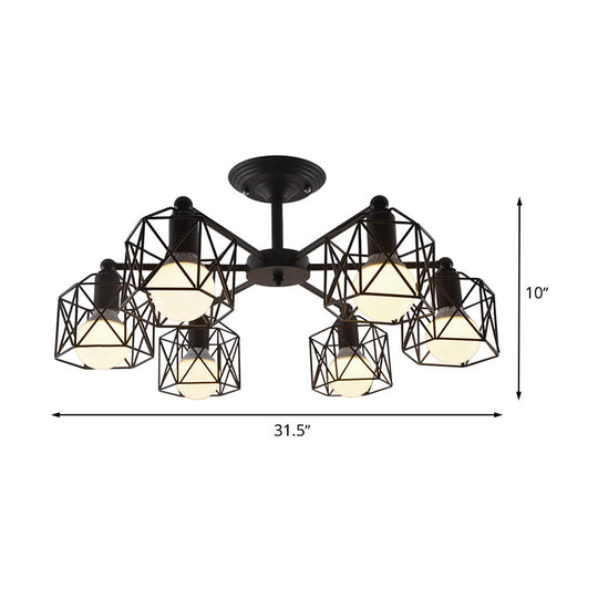 Hexagon Cage Metal Semi-Flush Mount Ceiling Light in Vintage Style - 6/8/10 Heads - Black