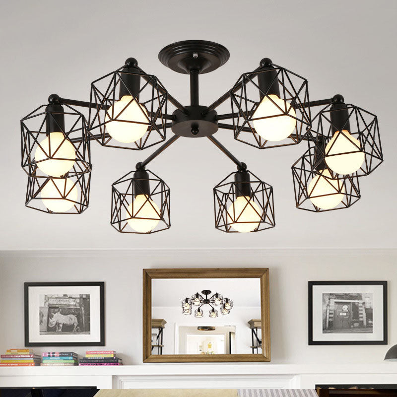 Hexagon Cage Metal Semi-Flush Mount Ceiling Light in Vintage Style - 6/8/10 Heads - Black