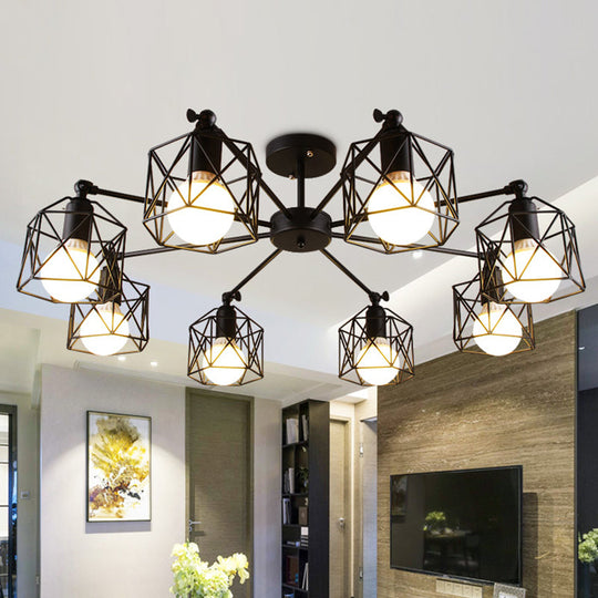 Hexagon Cage Metal Semi-Flush Mount Ceiling Light in Vintage Style - 6/8/10 Heads - Black