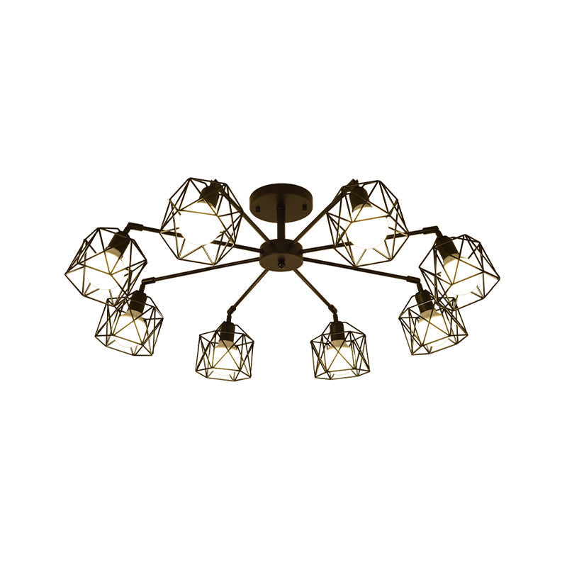 Hexagon Cage Metal Semi-Flush Mount Ceiling Light in Vintage Style - 6/8/10 Heads - Black