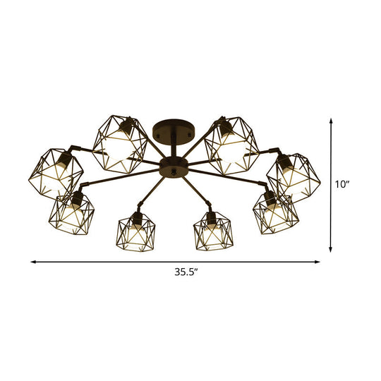 Hexagon Cage Metal Semi-Flush Mount Ceiling Light in Vintage Style - 6/8/10 Heads - Black