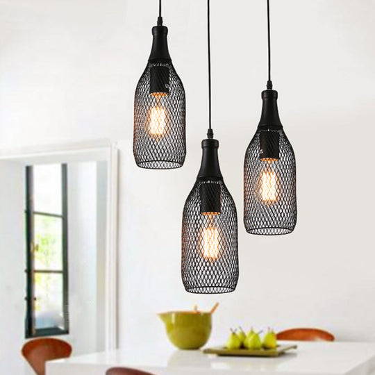 Industrial Style Black Bottle Mesh Pendant Light with 3/6 Lights - Ideal for Restaurants