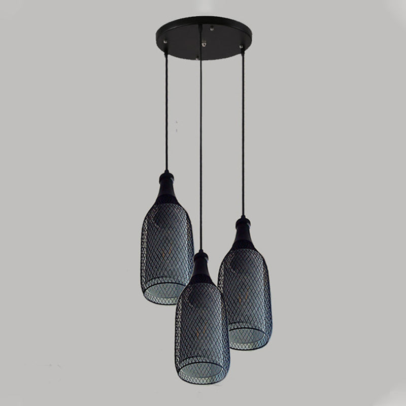 Industrial Style Black Metal Pendant Light With 3/6 Lights Mesh Shade And Restaurant Hanging Lamp