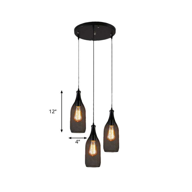 Industrial Style Black Bottle Mesh Pendant Light with 3/6 Lights - Ideal for Restaurants