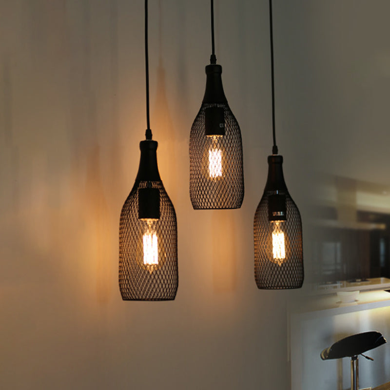 Industrial Style Black Bottle Mesh Pendant Light with 3/6 Lights - Ideal for Restaurants