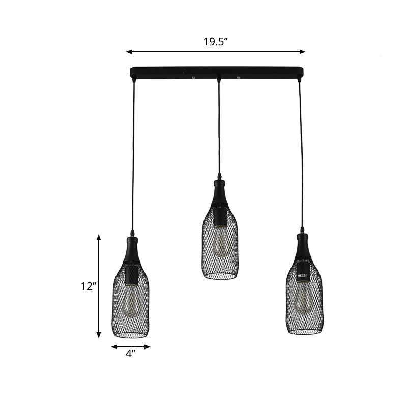 Industrial Style Black Bottle Mesh Pendant Light with 3/6 Lights - Ideal for Restaurants