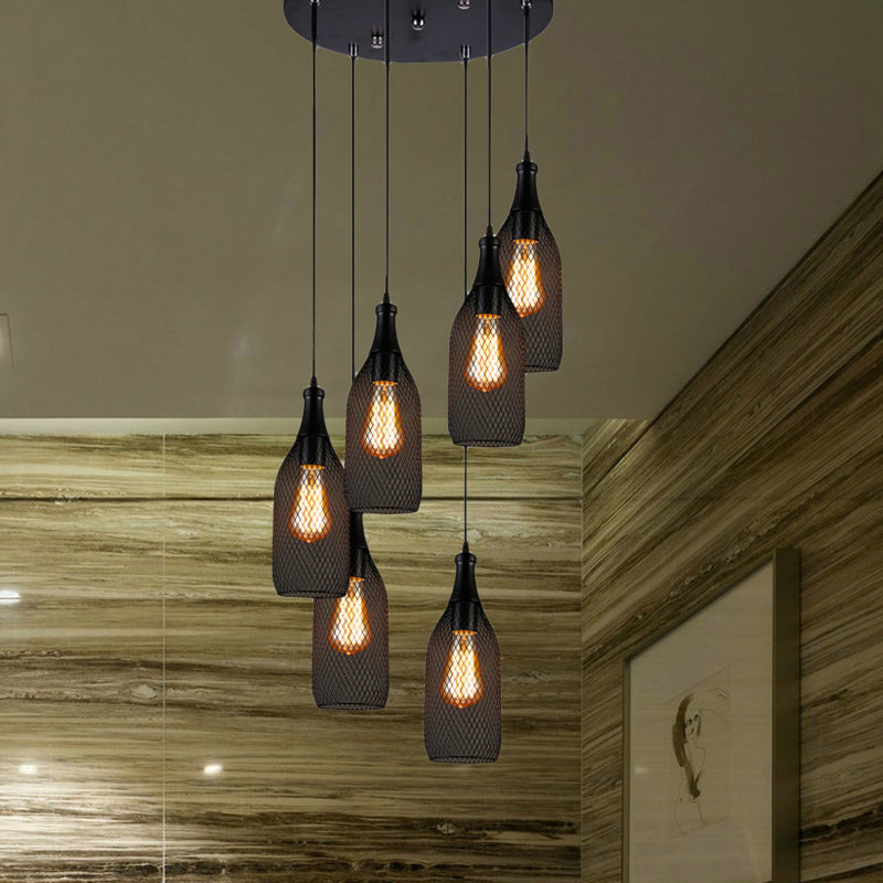 Industrial Style Black Bottle Mesh Pendant Light with 3/6 Lights - Ideal for Restaurants