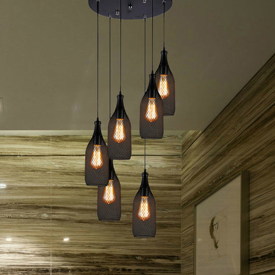 Industrial Style Black Metal Pendant Light With 3/6 Lights Mesh Shade And Restaurant Hanging Lamp