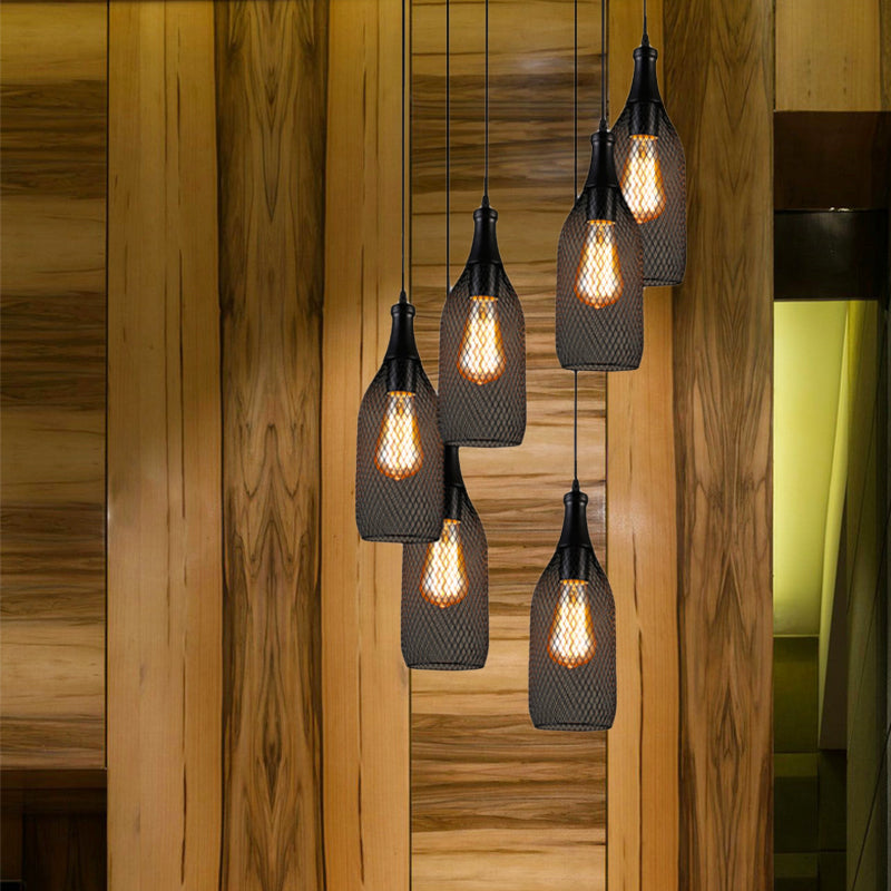 Industrial Style Black Bottle Mesh Pendant Light with 3/6 Lights - Ideal for Restaurants