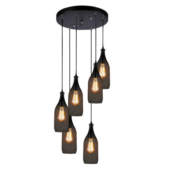 Industrial Style Black Metal Pendant Light With 3/6 Lights Mesh Shade And Restaurant Hanging Lamp