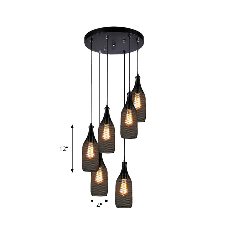 Industrial Style Black Metal Pendant Light With 3/6 Lights Mesh Shade And Restaurant Hanging Lamp