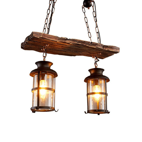 Industrial Lantern Pendant Light With Clear Glass Wood Decoration And Cage Design - 2/3 Lights Black